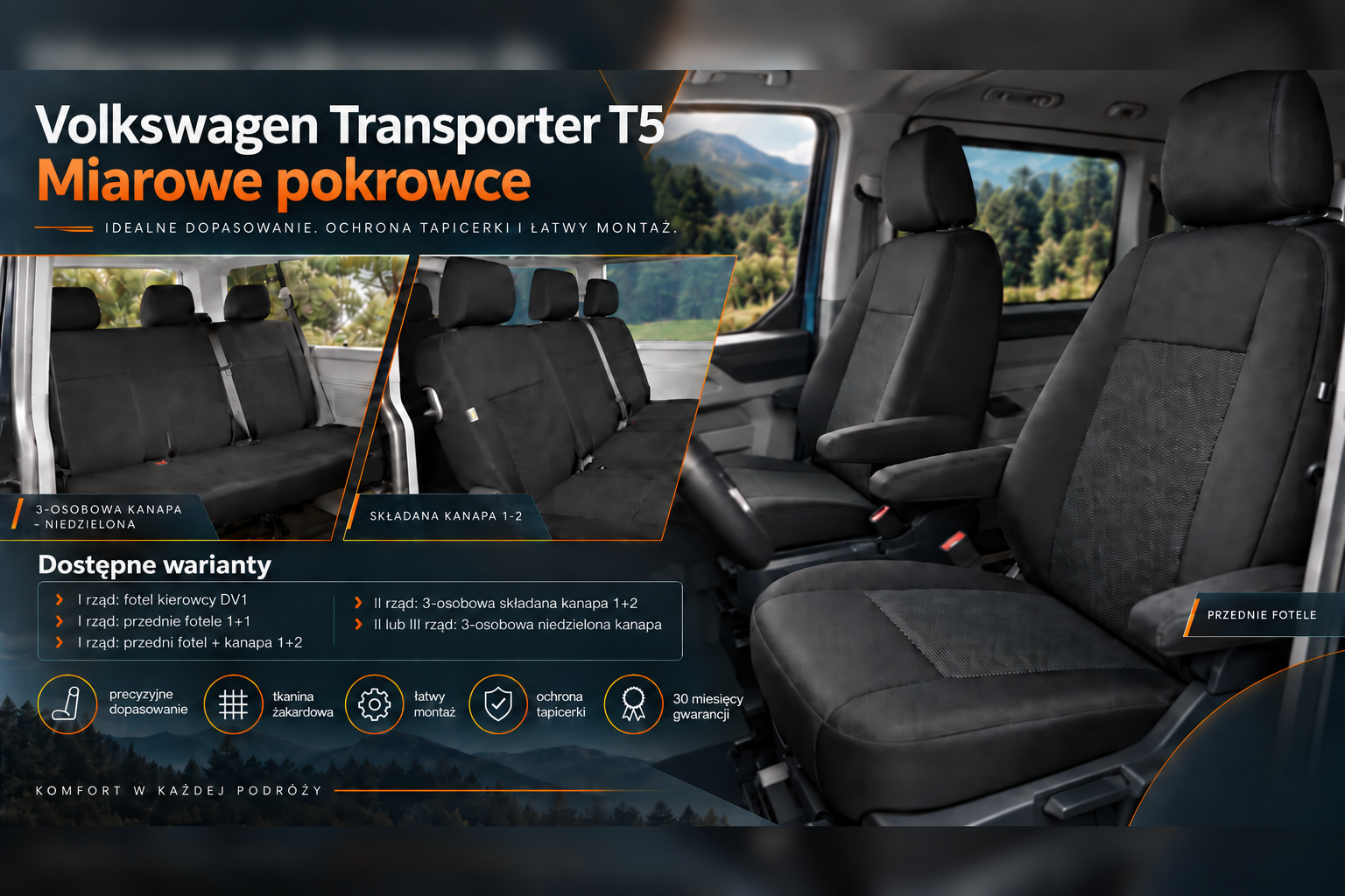 Volkswagen Transporter T5 2003-2015 – miarowe pokrowce samochodowe na fotele