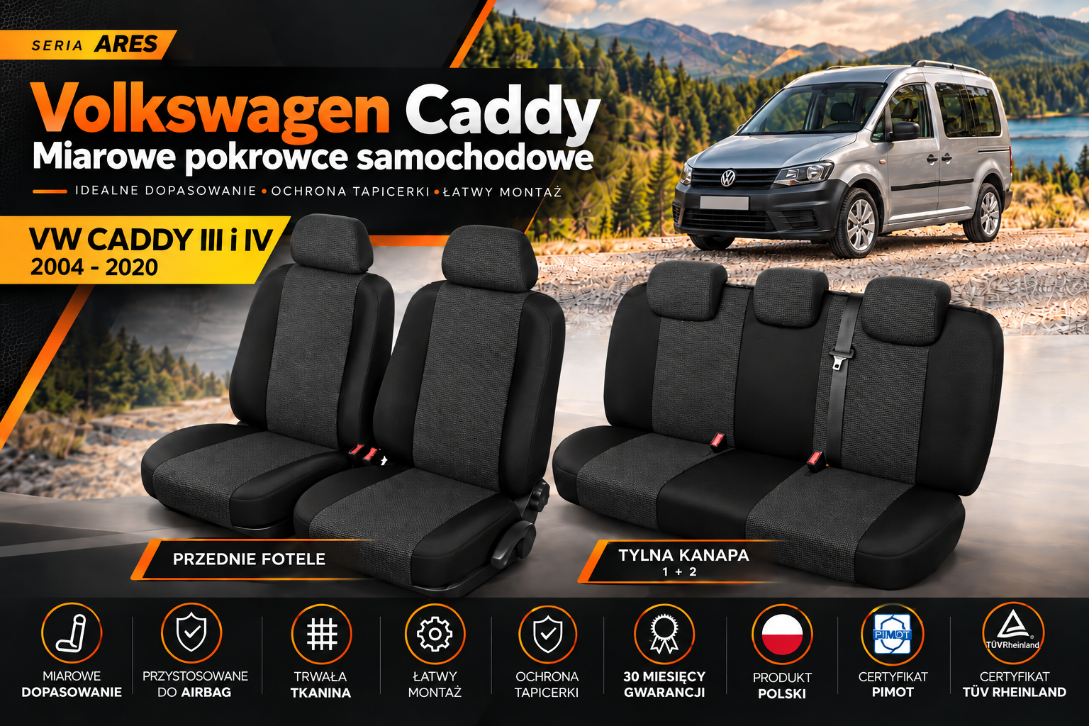Volkswagen Caddy III i IV 2004-2020 - miarowe pokrowce samochodowe na fotele