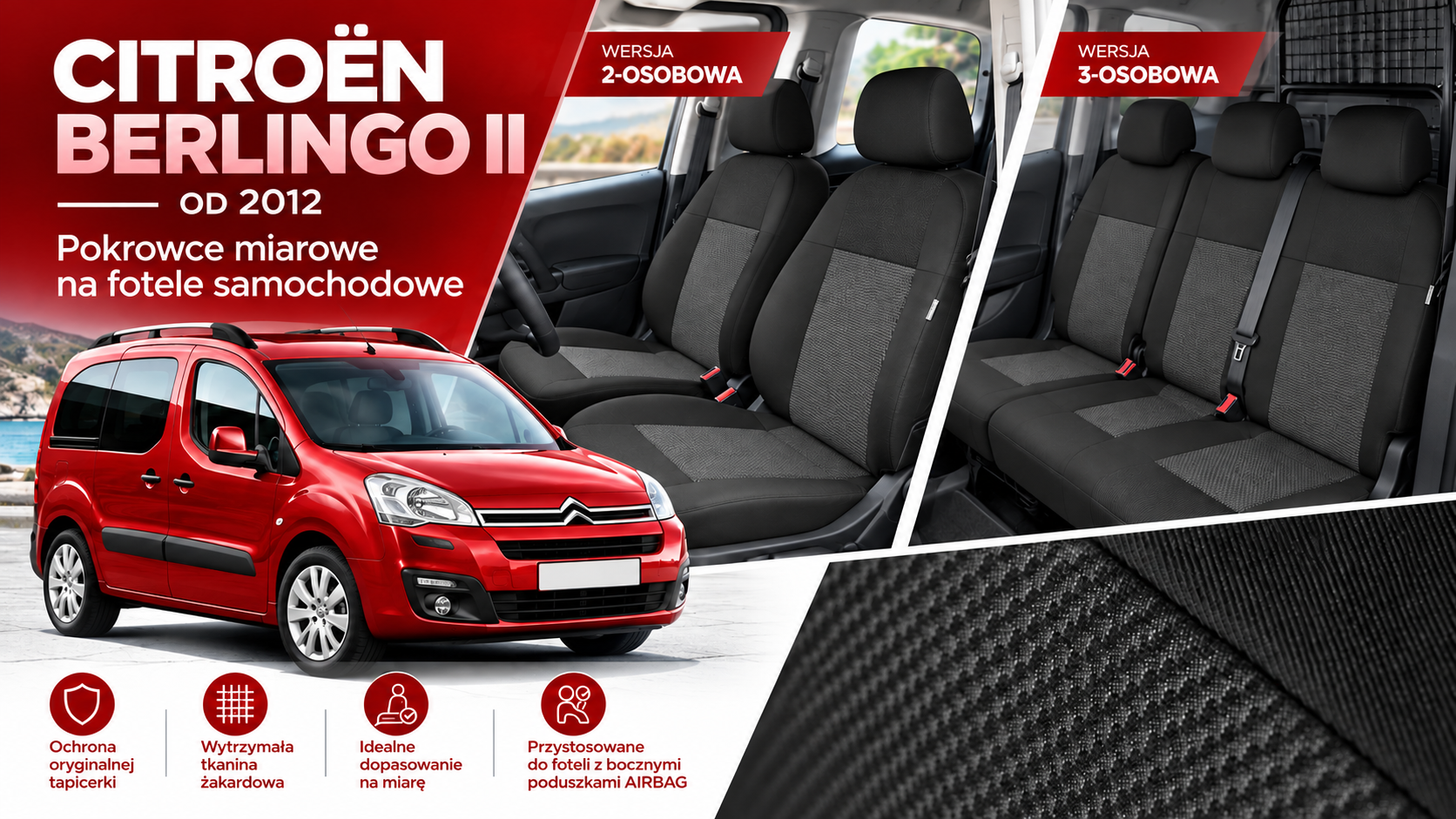 Citroën Berlingo II od 2012 - miarowe pokrowce na fotele samochodowe